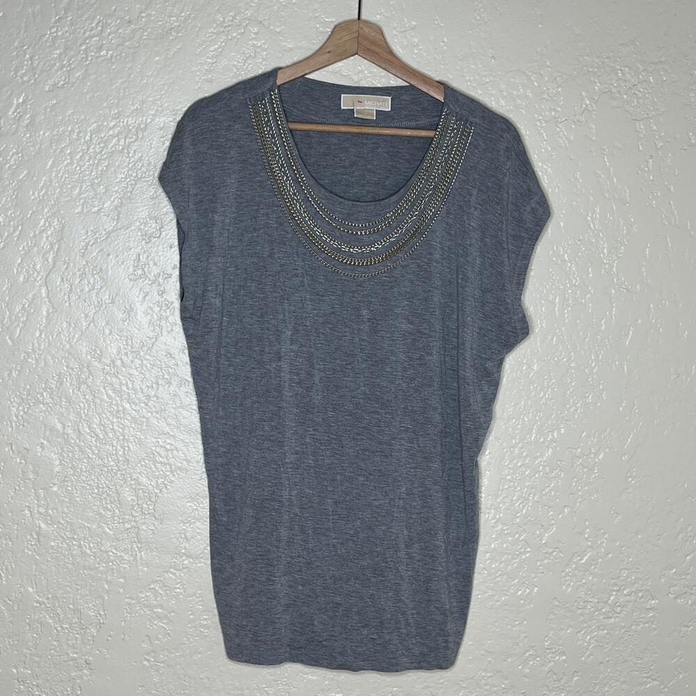 Michael Michael Kors Women's Gray Chain Collar Sleeveless Rayon Blend Top Large